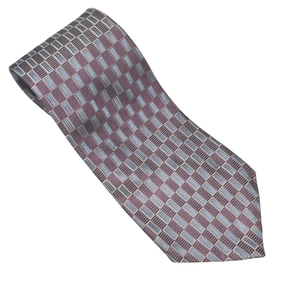 Van Heusen Mens Necktie Burgundy Blue Geometric Block Pattern Silk Blend Tie